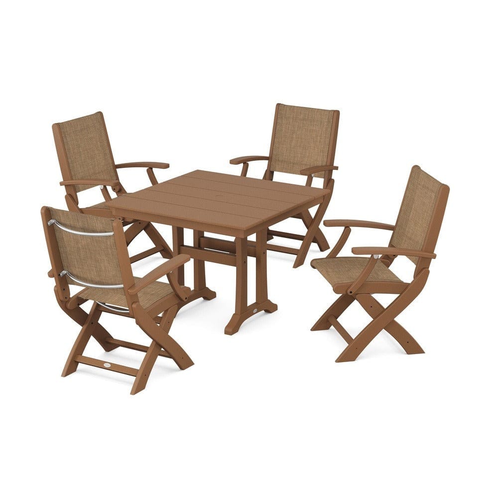 POLYWOOD® Outdoor Furniture Teak / Burlap Sling POLYWOOD® - Coastal Folding Chair 5-Piece Farmhouse Dining Set With Trestle Legs - PWS945
