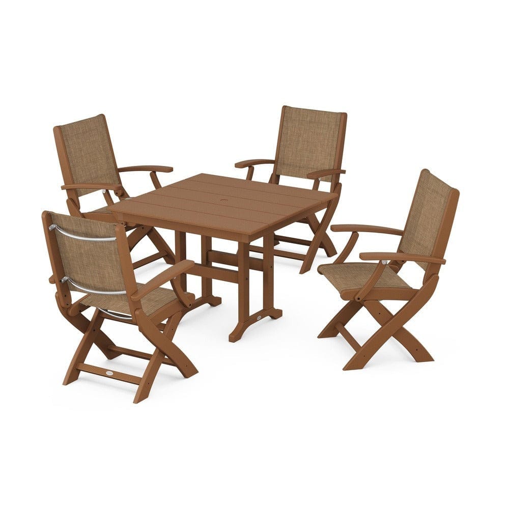 POLYWOOD® Outdoor Furniture Teak / Burlap Sling POLYWOOD® - Coastal Folding Chair 5-Piece Farmhouse Dining Set - PWS1142