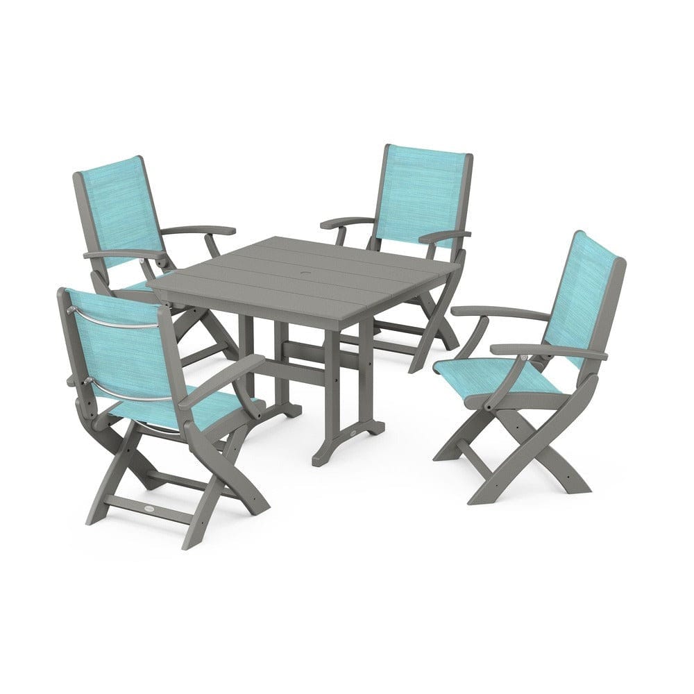 POLYWOOD® Outdoor Furniture Slate Grey / Dupioni Aquamarine Sling POLYWOOD® - Coastal Folding Chair 5-Piece Farmhouse Dining Set - PWS1142
