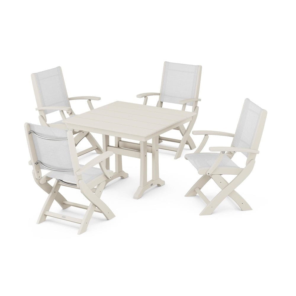 POLYWOOD® - Coastal Folding Chair 5-Piece Farmhouse Dining Set With Trestle Legs - PWS945 Outdoor Furniture POLYWOOD®