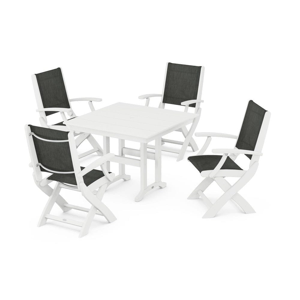 POLYWOOD® Outdoor Furniture White / Ember Sling POLYWOOD® - Coastal Folding Chair 5-Piece Farmhouse Dining Set - PWS1142