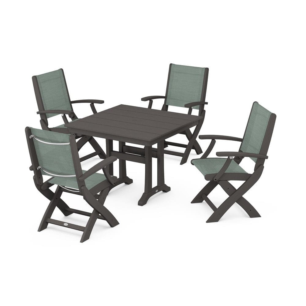 POLYWOOD® Outdoor Furniture Vintage Coffee / Dupioni Sea Mist Sling POLYWOOD® - Coastal Folding Chair 5-Piece Farmhouse Dining Set With Trestle Legs - PWS945