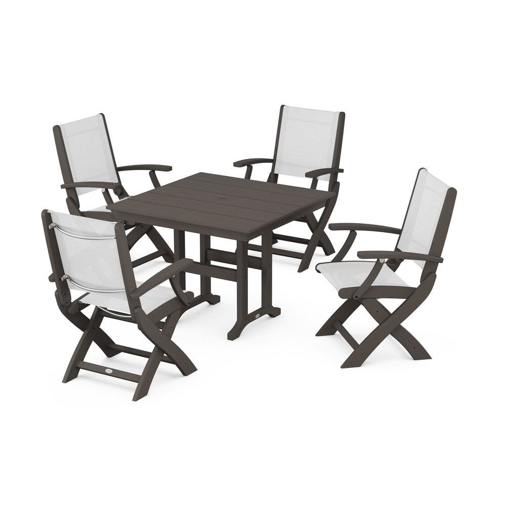 POLYWOOD® Outdoor Furniture Vintage Coffee / White Sling POLYWOOD® - Coastal Folding Chair 5-Piece Farmhouse Dining Set - PWS1142