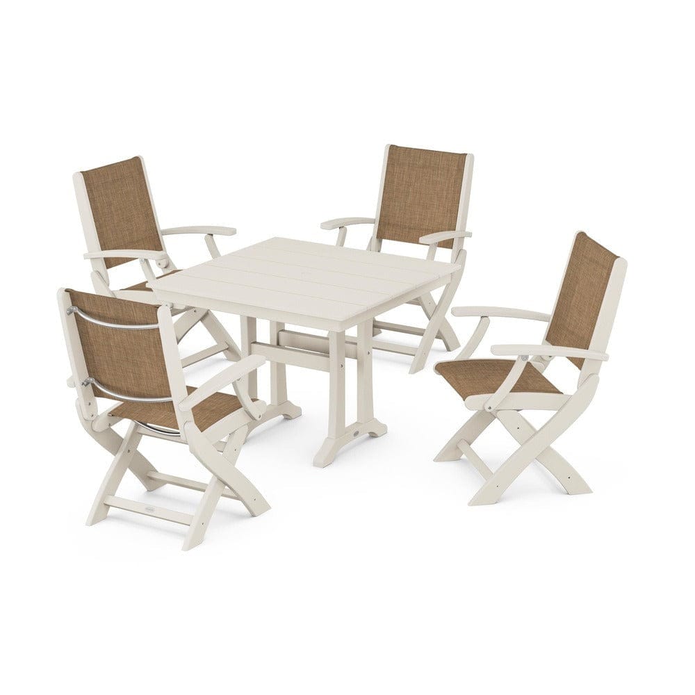 POLYWOOD® Outdoor Furniture Sand / Burlap Sling POLYWOOD® - Coastal Folding Chair 5-Piece Farmhouse Dining Set With Trestle Legs - PWS945