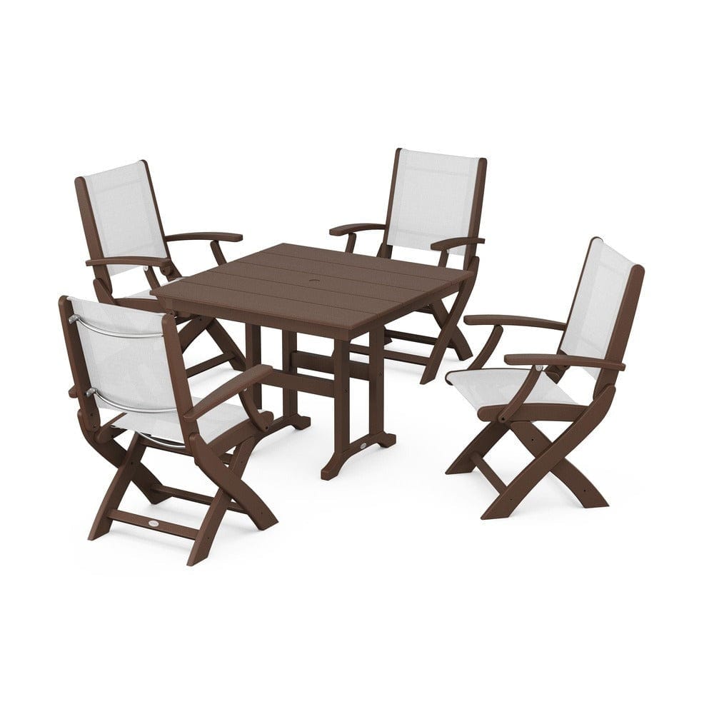 POLYWOOD® Outdoor Furniture Mahogany / White Sling POLYWOOD® - Coastal Folding Chair 5-Piece Farmhouse Dining Set - PWS1142
