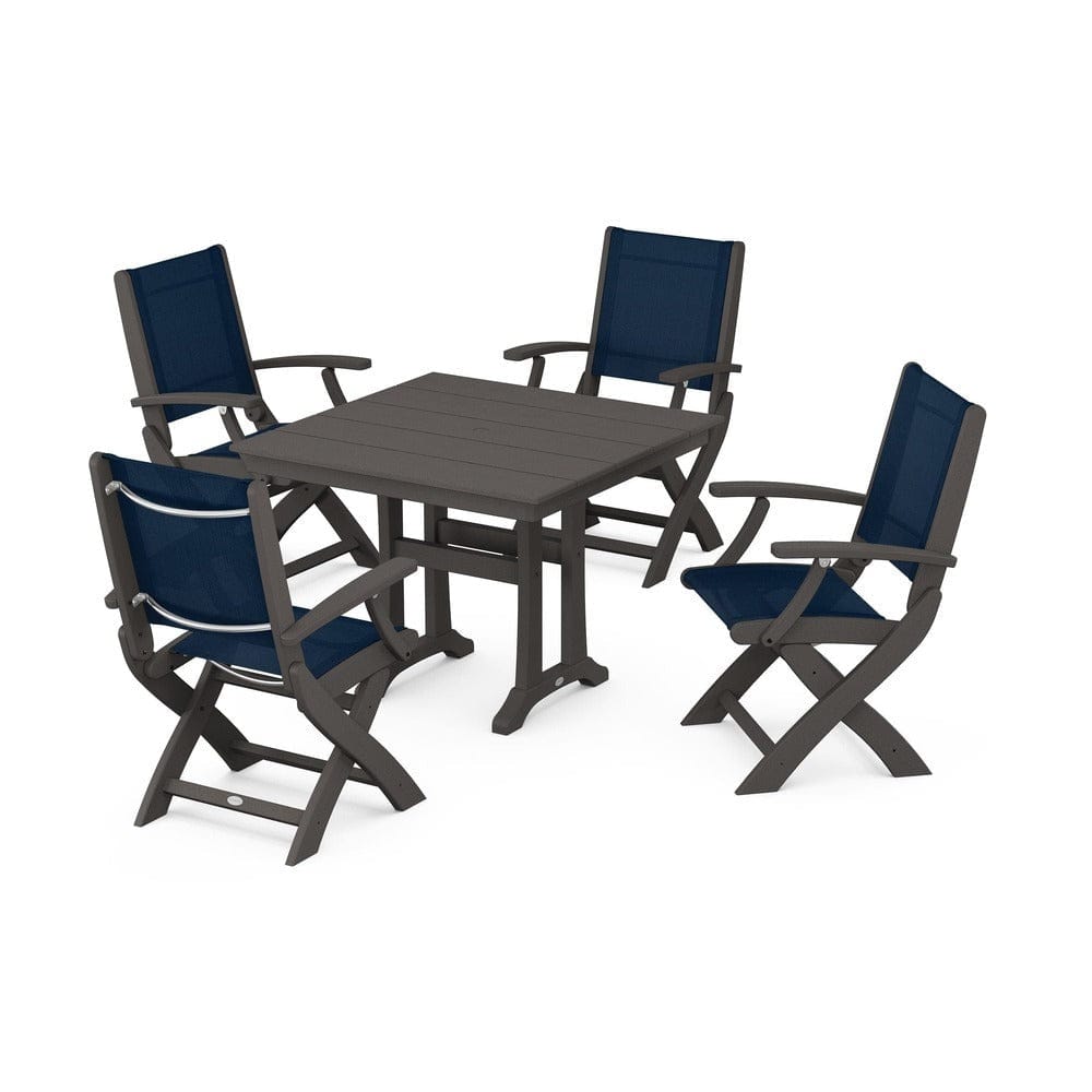 POLYWOOD® Outdoor Furniture Vintage Coffee / Navy Blue Sling POLYWOOD® - Coastal Folding Chair 5-Piece Farmhouse Dining Set With Trestle Legs - PWS945