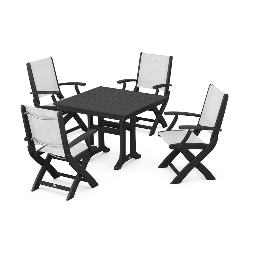 POLYWOOD® Outdoor Furniture Black / White Sling POLYWOOD® - Coastal Folding Chair 5-Piece Farmhouse Dining Set With Trestle Legs - PWS945