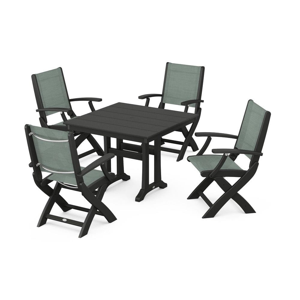 POLYWOOD® Outdoor Furniture Black / Dupioni Sea Mist Sling POLYWOOD® - Coastal Folding Chair 5-Piece Farmhouse Dining Set With Trestle Legs - PWS945