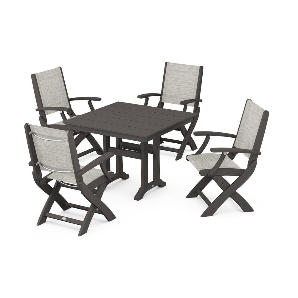 POLYWOOD® Outdoor Furniture Vintage Coffee / Birch Sling POLYWOOD® - Coastal Folding Chair 5-Piece Farmhouse Dining Set With Trestle Legs - PWS945