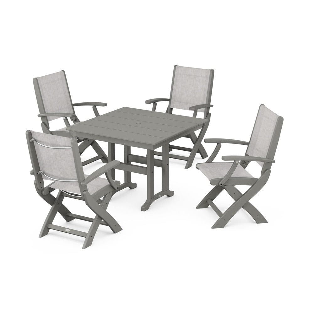 POLYWOOD® Outdoor Furniture Slate Grey / Parchment Sling POLYWOOD® - Coastal Folding Chair 5-Piece Farmhouse Dining Set - PWS1142