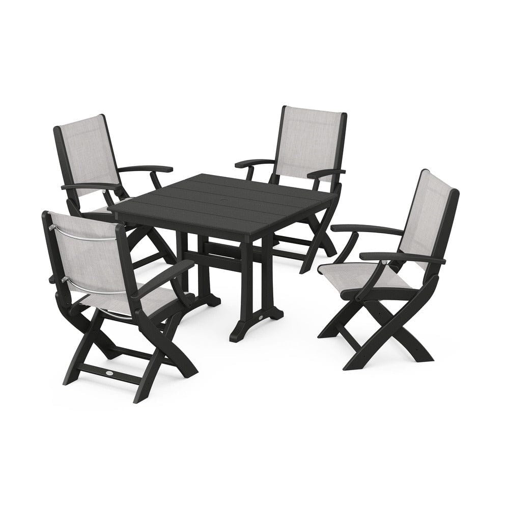 POLYWOOD® Outdoor Furniture Black / Parchment Sling POLYWOOD® - Coastal Folding Chair 5-Piece Farmhouse Dining Set With Trestle Legs - PWS945