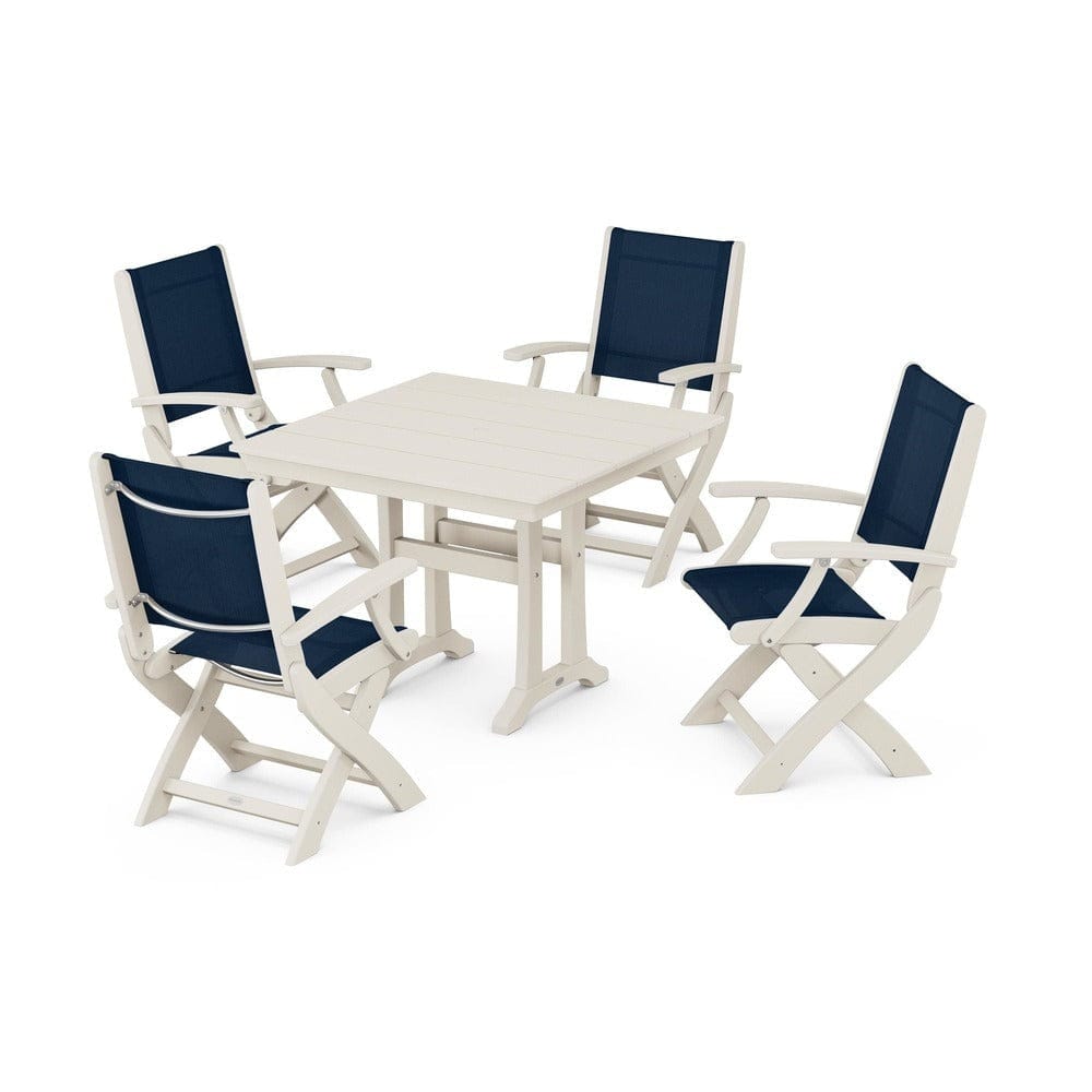 POLYWOOD® Outdoor Furniture Sand / Navy Blue Sling POLYWOOD® - Coastal Folding Chair 5-Piece Farmhouse Dining Set With Trestle Legs - PWS945