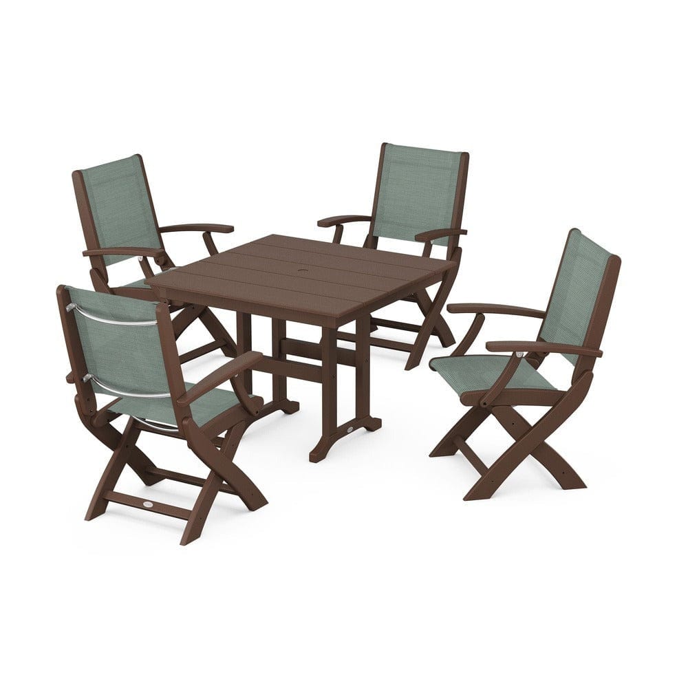 POLYWOOD® Outdoor Furniture Mahogany / Dupioni Sea Mist Sling POLYWOOD® - Coastal Folding Chair 5-Piece Farmhouse Dining Set - PWS1142