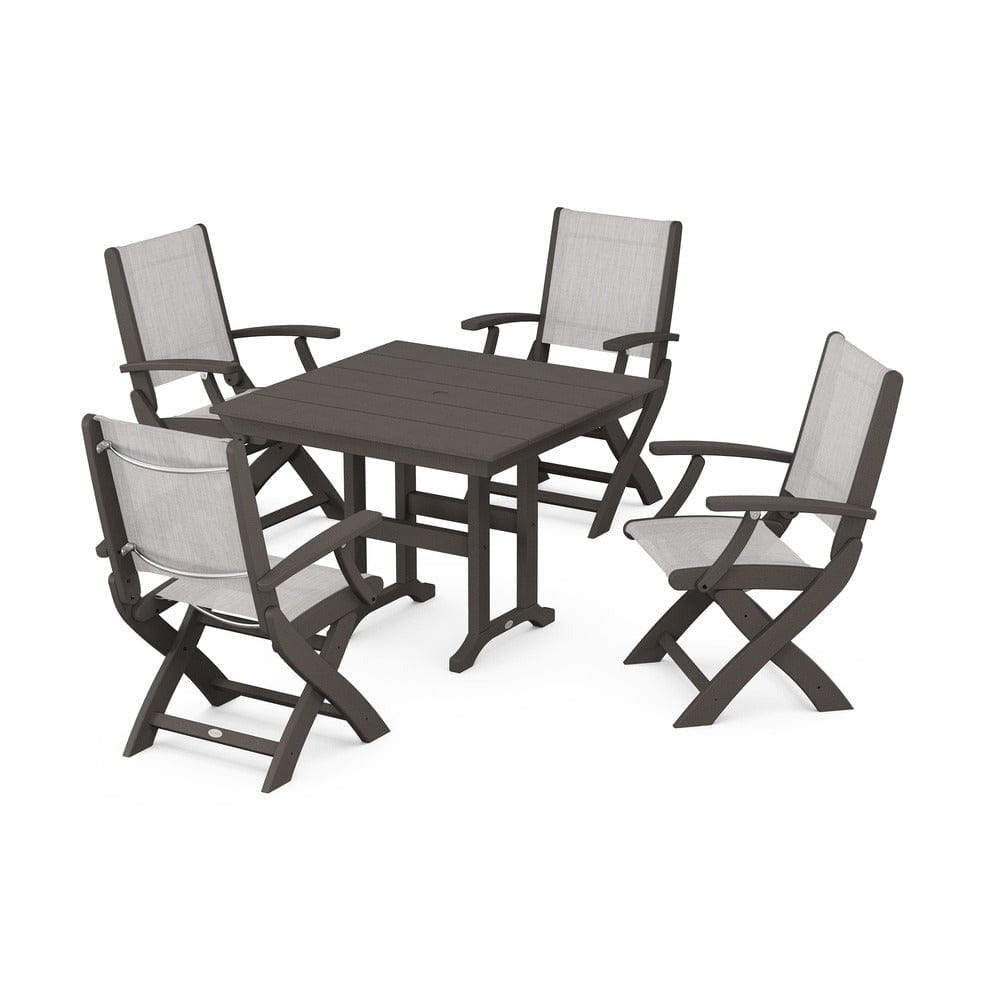 POLYWOOD® Outdoor Furniture Vintage Coffee / Parchment Sling POLYWOOD® - Coastal Folding Chair 5-Piece Farmhouse Dining Set - PWS1142