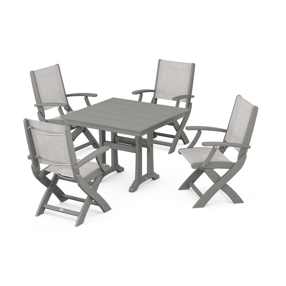 POLYWOOD® Outdoor Furniture Slate Grey / Parchment Sling POLYWOOD® - Coastal Folding Chair 5-Piece Farmhouse Dining Set With Trestle Legs - PWS945