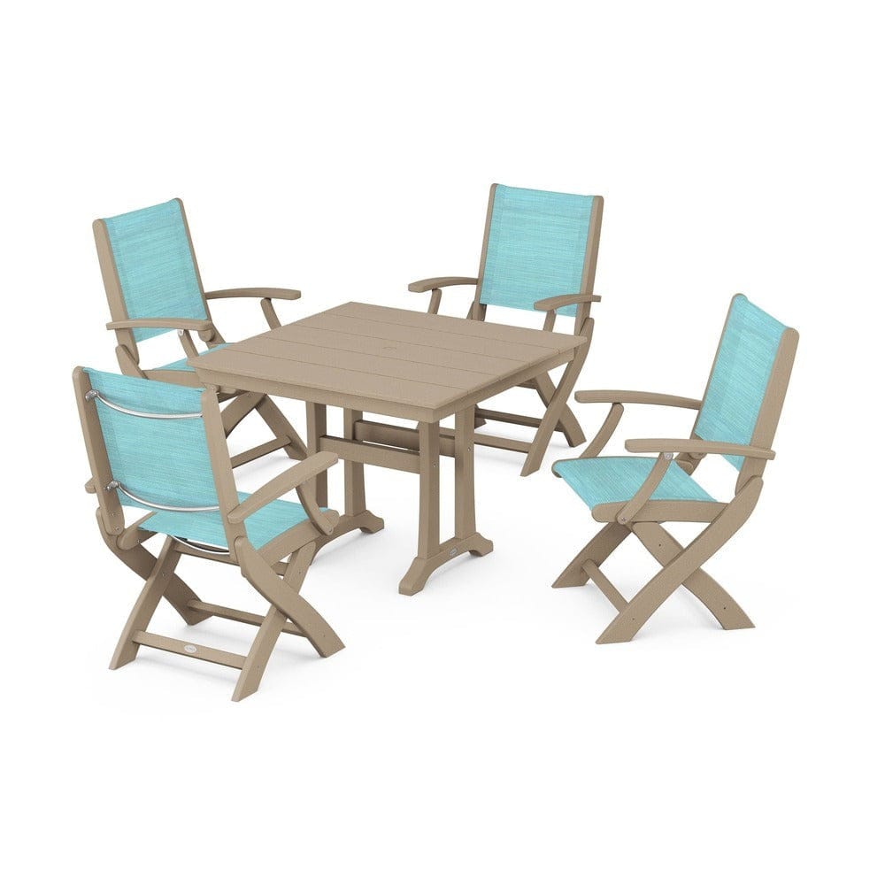 POLYWOOD® Outdoor Furniture POLYWOOD® - Coastal Folding Chair 5-Piece Farmhouse Dining Set With Trestle Legs - PWS945