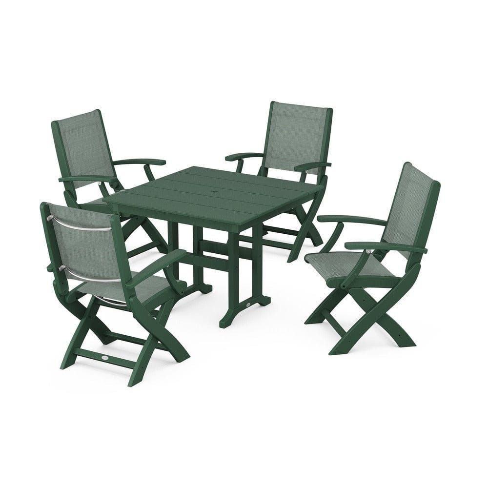POLYWOOD® Outdoor Furniture Green / Dupioni Sea Mist Sling POLYWOOD® - Coastal Folding Chair 5-Piece Farmhouse Dining Set - PWS1142
