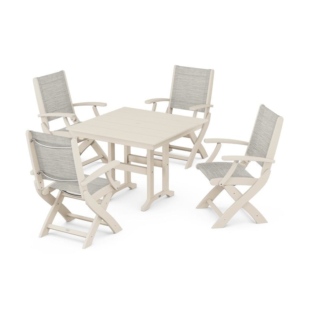 POLYWOOD® Outdoor Furniture Sand / Birch Sling POLYWOOD® - Coastal Folding Chair 5-Piece Farmhouse Dining Set - PWS1142