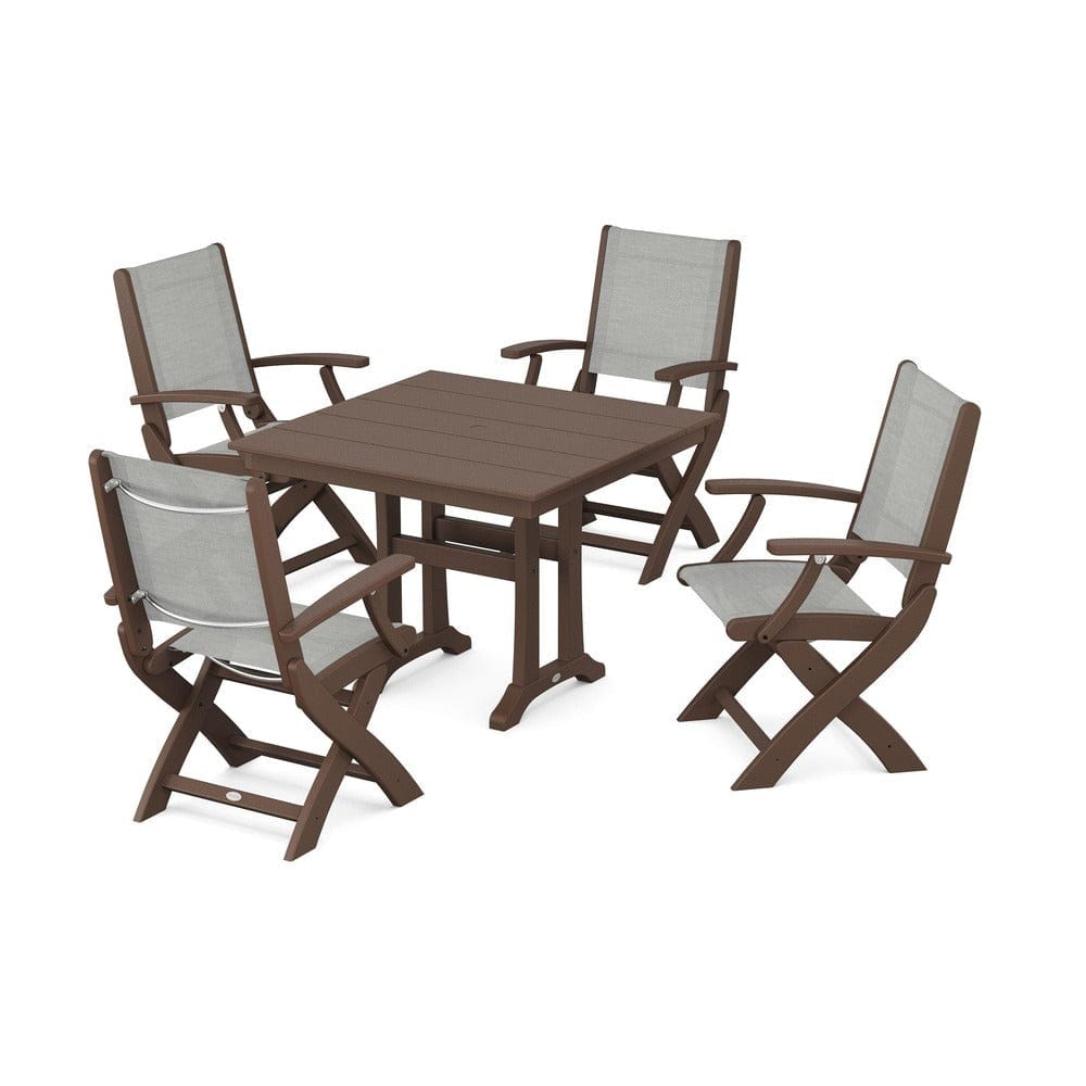 POLYWOOD® Outdoor Furniture Mahogany / Metallic Sling POLYWOOD® - Coastal Folding Chair 5-Piece Farmhouse Dining Set With Trestle Legs - PWS945