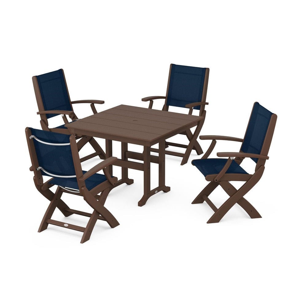 POLYWOOD® Outdoor Furniture Mahogany / Navy Blue Sling POLYWOOD® - Coastal Folding Chair 5-Piece Farmhouse Dining Set - PWS1142