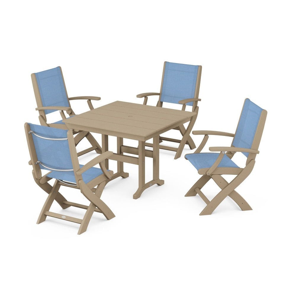 POLYWOOD® Outdoor Furniture Vintage Sahara / Poolside Sling POLYWOOD® - Coastal Folding Chair 5-Piece Farmhouse Dining Set - PWS1142