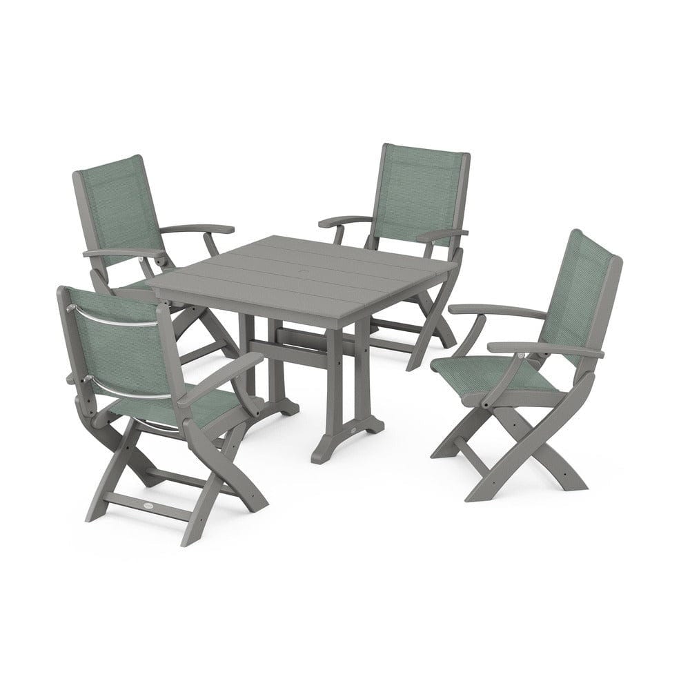 POLYWOOD® Outdoor Furniture Slate Grey / Dupioni Sea Mist Sling POLYWOOD® - Coastal Folding Chair 5-Piece Farmhouse Dining Set With Trestle Legs - PWS945