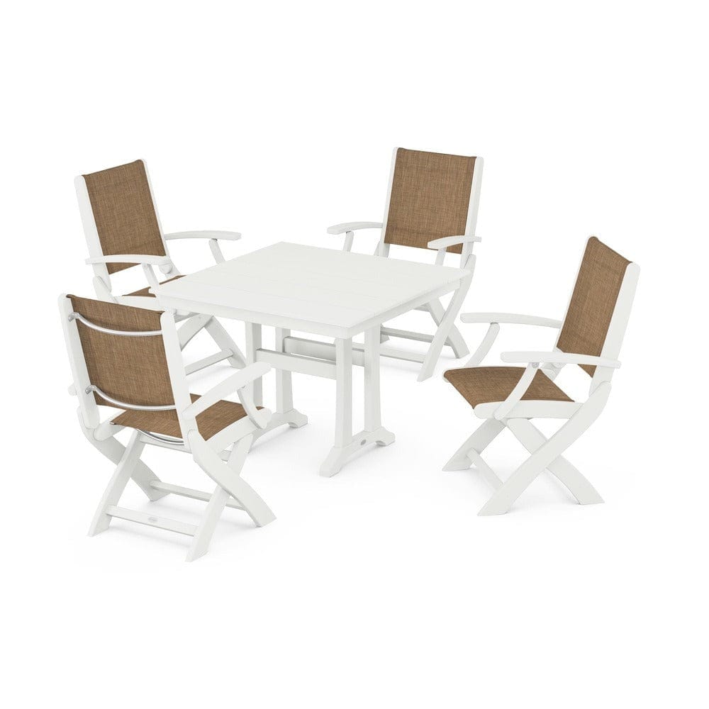 POLYWOOD® Outdoor Furniture POLYWOOD® - Coastal Folding Chair 5-Piece Farmhouse Dining Set With Trestle Legs - PWS945