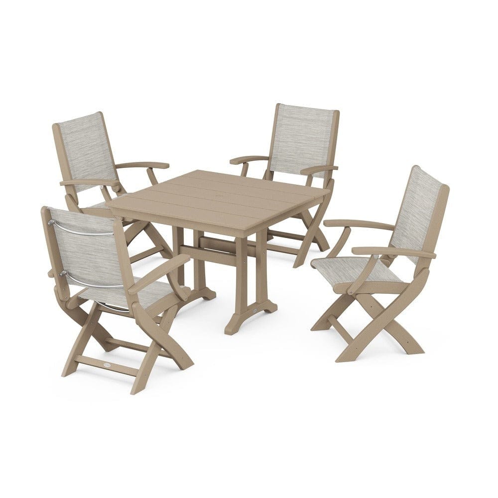 POLYWOOD® Outdoor Furniture Vintage Sahara / Birch Sling POLYWOOD® - Coastal Folding Chair 5-Piece Farmhouse Dining Set With Trestle Legs - PWS945