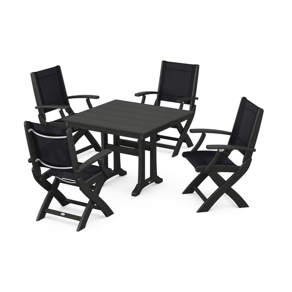POLYWOOD® Outdoor Furniture Black / Black Sling POLYWOOD® - Coastal Folding Chair 5-Piece Farmhouse Dining Set With Trestle Legs - PWS945
