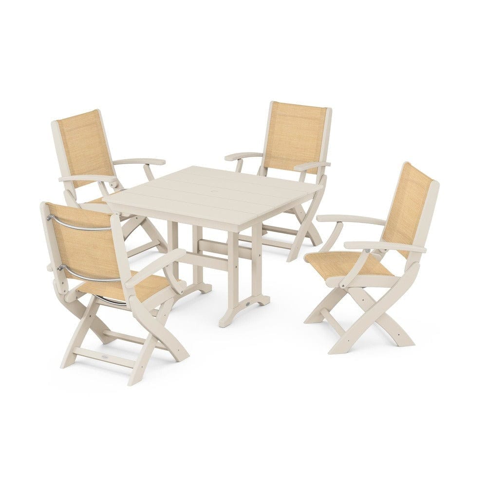 POLYWOOD® Outdoor Furniture Sand / Dupioni Apricot Sling POLYWOOD® - Coastal Folding Chair 5-Piece Farmhouse Dining Set - PWS1142