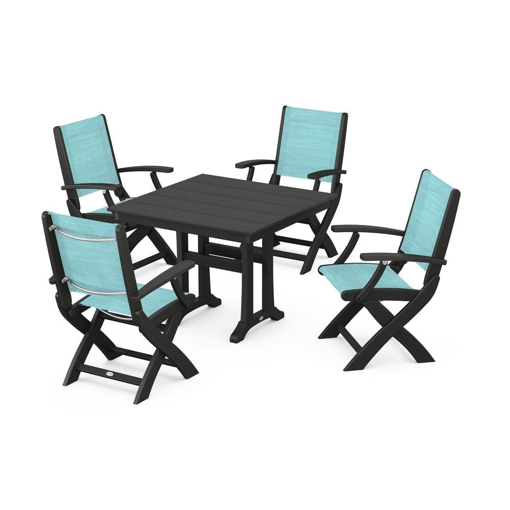 POLYWOOD® Outdoor Furniture Black / Dupioni Aquamarine Sling POLYWOOD® - Coastal Folding Chair 5-Piece Farmhouse Dining Set With Trestle Legs - PWS945