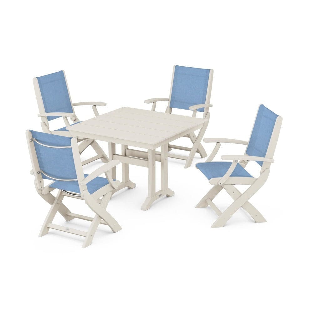 POLYWOOD® Outdoor Furniture Sand / Poolside Sling POLYWOOD® - Coastal Folding Chair 5-Piece Farmhouse Dining Set With Trestle Legs - PWS945