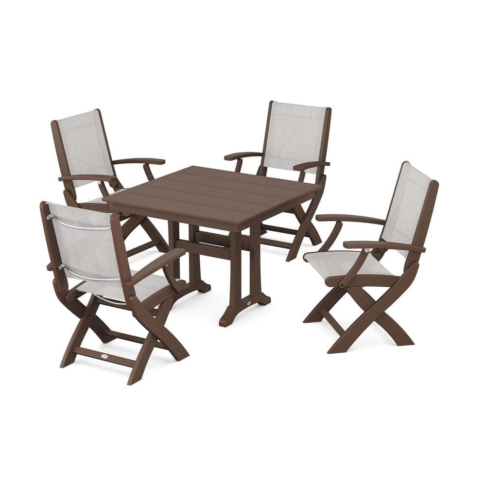 POLYWOOD® Outdoor Furniture Mahogany / Parchment Sling POLYWOOD® - Coastal Folding Chair 5-Piece Farmhouse Dining Set With Trestle Legs - PWS945