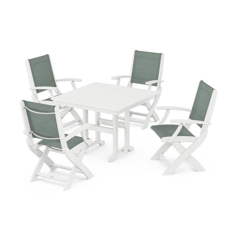 POLYWOOD® Outdoor Furniture White / Dupioni Sea Mist Sling POLYWOOD® - Coastal Folding Chair 5-Piece Farmhouse Dining Set - PWS1142
