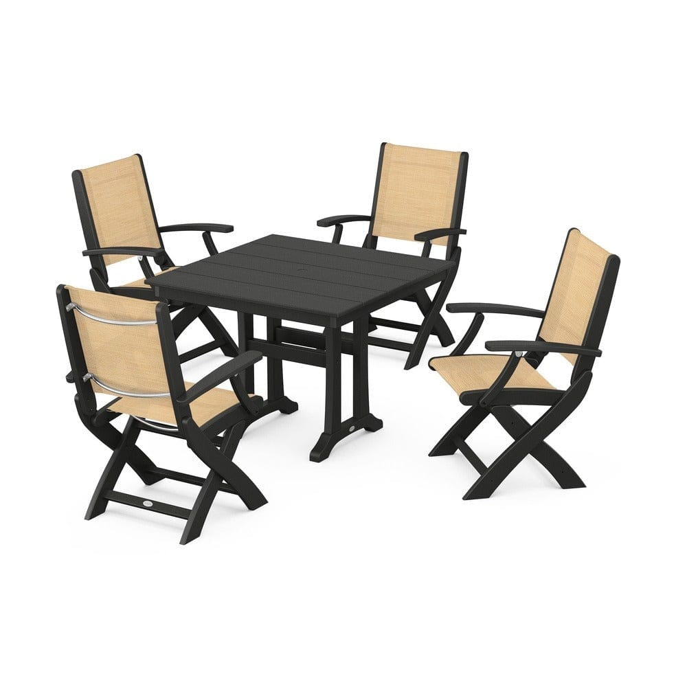POLYWOOD® Outdoor Furniture Black / Dupioni Apricot Sling POLYWOOD® - Coastal Folding Chair 5-Piece Farmhouse Dining Set With Trestle Legs - PWS945
