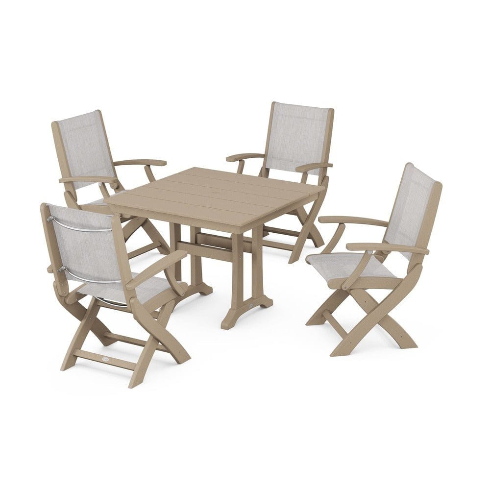 POLYWOOD® Outdoor Furniture Vintage Sahara / Parchment Sling POLYWOOD® - Coastal Folding Chair 5-Piece Farmhouse Dining Set With Trestle Legs - PWS945