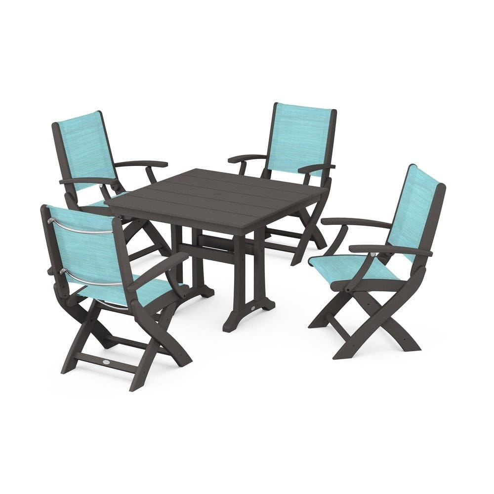 POLYWOOD® Outdoor Furniture Vintage Coffee / Dupioni Aquamarine Sling POLYWOOD® - Coastal Folding Chair 5-Piece Farmhouse Dining Set With Trestle Legs - PWS945