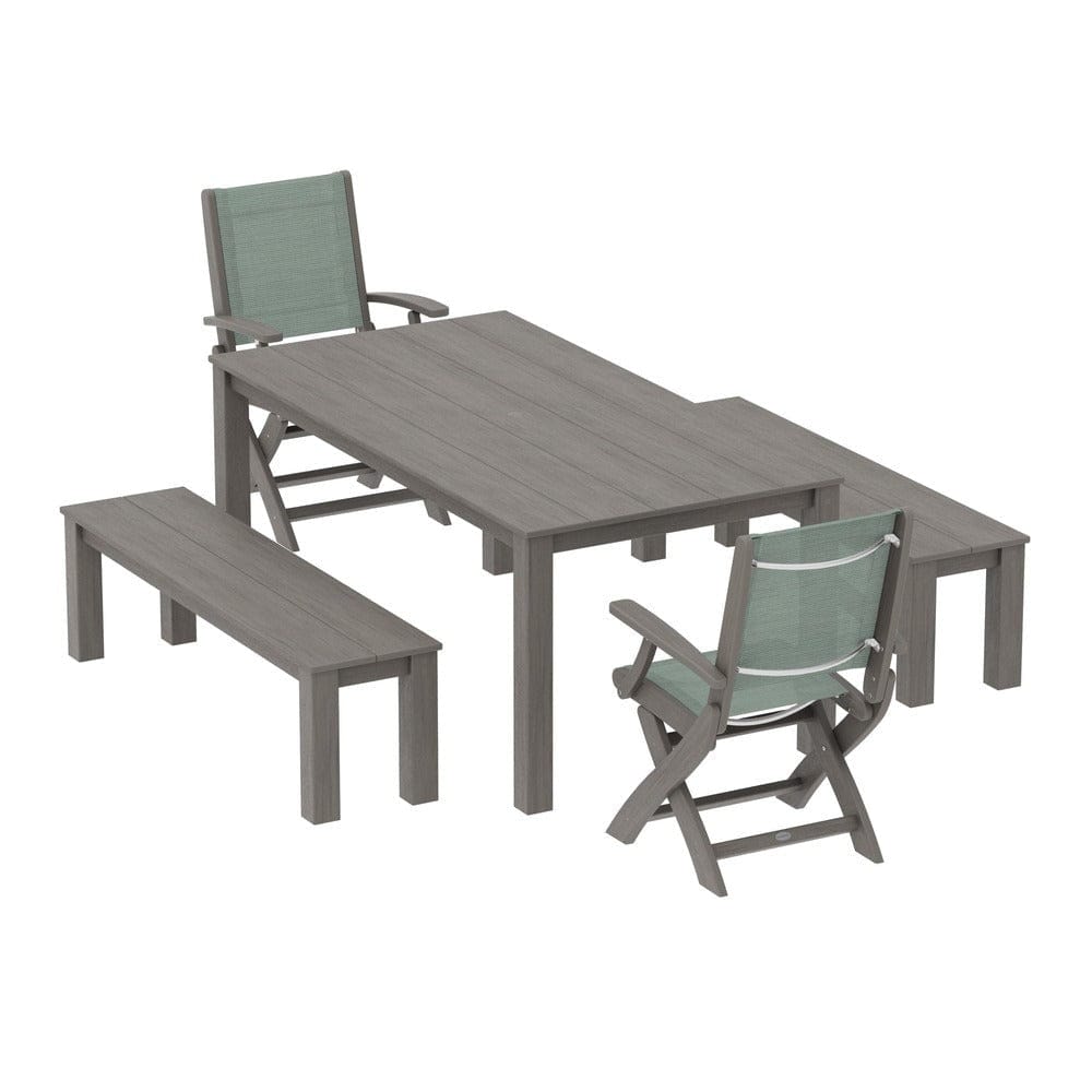 POLYWOOD® Outdoor Furniture POLYWOOD® - Coastal Folding Chair 5-Piece Parsons Dining Set with Benches - PWS2273