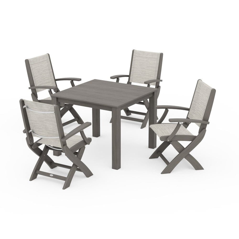 POLYWOOD® Outdoor Furniture Driftwood / Birch Sling POLYWOOD® - Coastal Folding Chair 5-Piece Parsons Dining Set - PWS2274