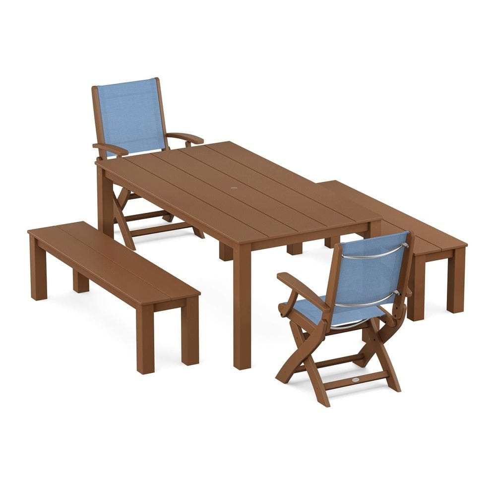 POLYWOOD® Outdoor Furniture Teak / Poolside Sling POLYWOOD® - Coastal Folding Chair 5-Piece Parsons Dining Set with Benches - PWS2273