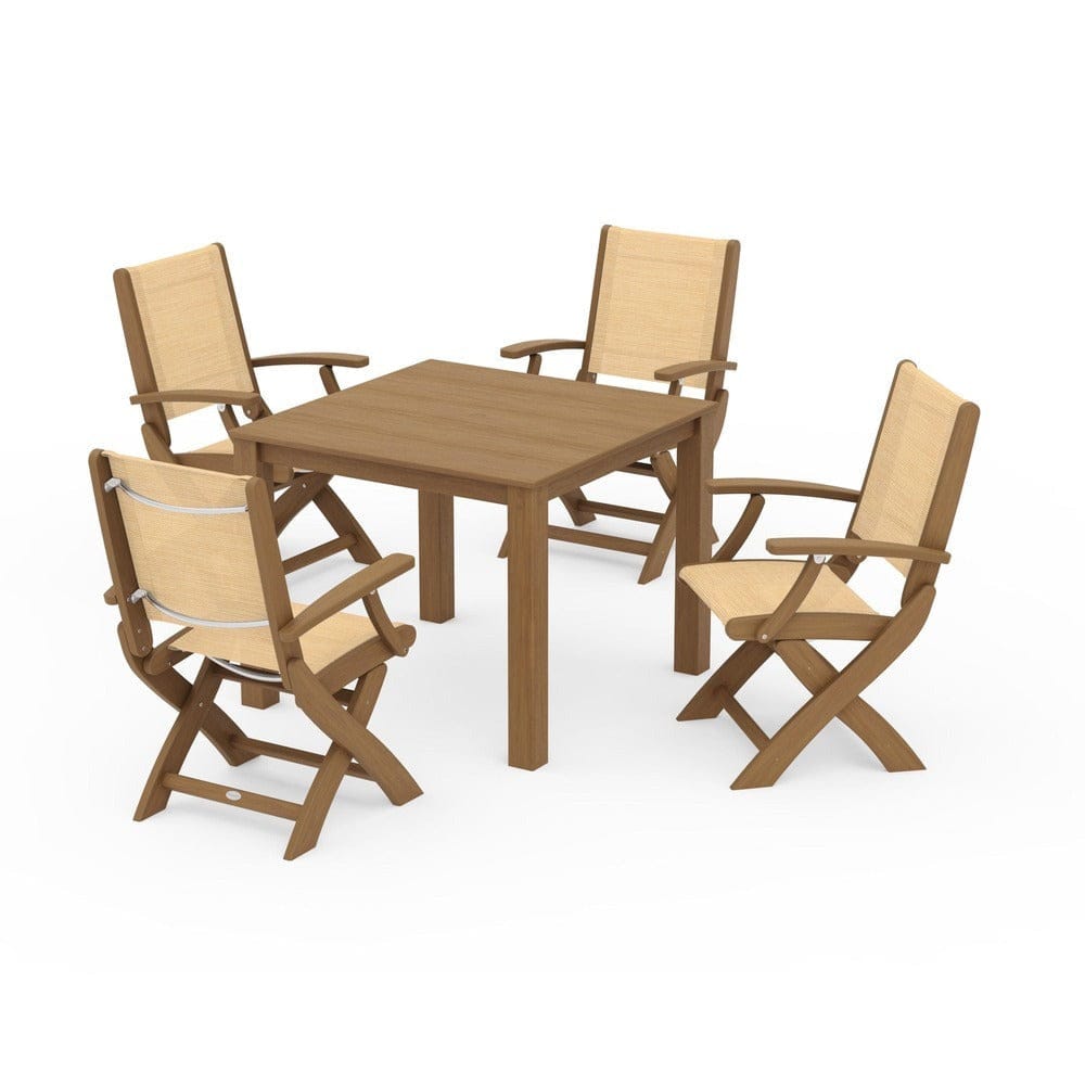 POLYWOOD® Outdoor Furniture Natural / Dupioni Apricot Sling POLYWOOD® - Coastal Folding Chair 5-Piece Parsons Dining Set - PWS2274