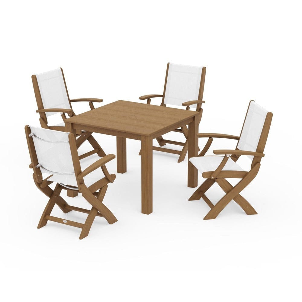 POLYWOOD® Outdoor Furniture Natural / White Sling POLYWOOD® - Coastal Folding Chair 5-Piece Parsons Dining Set - PWS2274