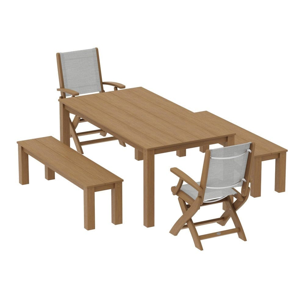 POLYWOOD® Outdoor Furniture Natural / Metallic Sling POLYWOOD® - Coastal Folding Chair 5-Piece Parsons Dining Set with Benches - PWS2273