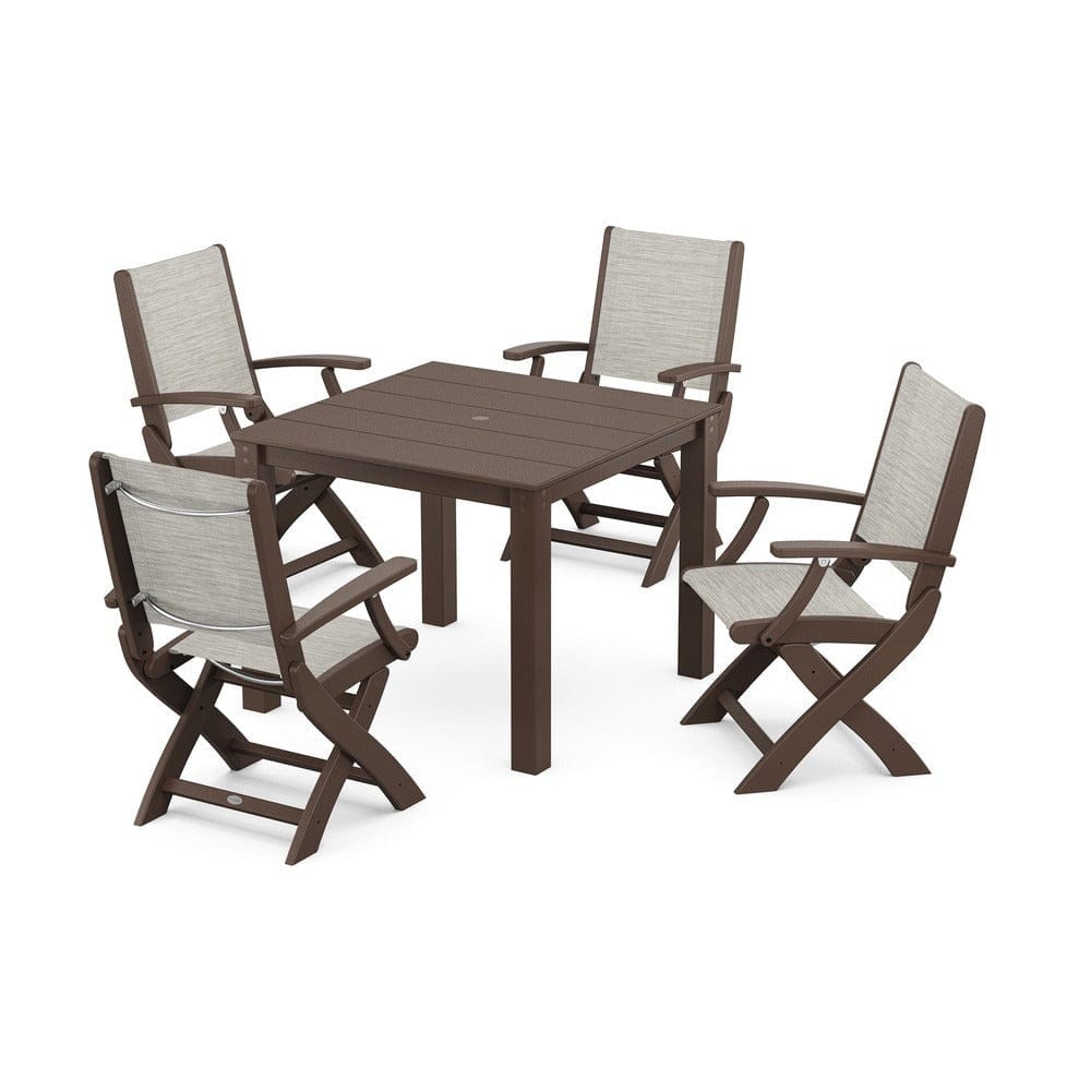 POLYWOOD® Outdoor Furniture Mahogany / Birch Sling POLYWOOD® - Coastal Folding Chair 5-Piece Parsons Dining Set - PWS2274