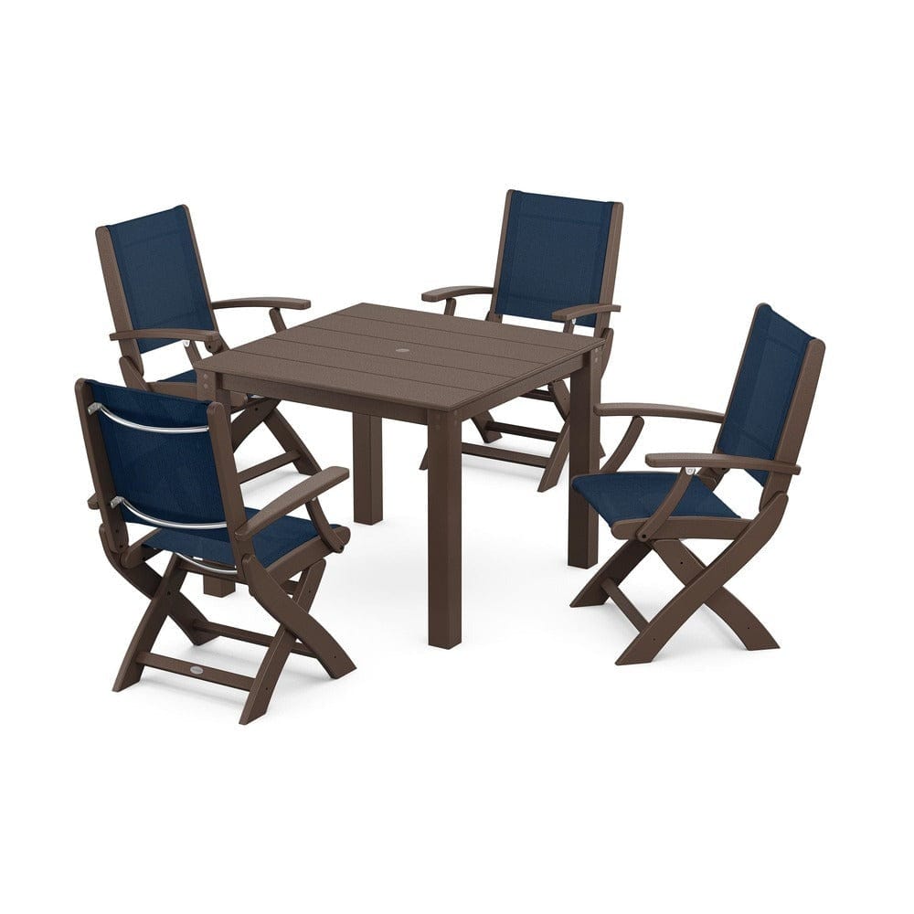 POLYWOOD® Outdoor Furniture Mahogany / Navy Blue Sling POLYWOOD® - Coastal Folding Chair 5-Piece Parsons Dining Set - PWS2274