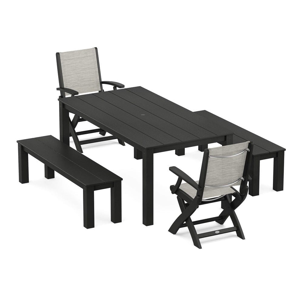 POLYWOOD® Outdoor Furniture Black / Birch Sling POLYWOOD® - Coastal Folding Chair 5-Piece Parsons Dining Set with Benches - PWS2273