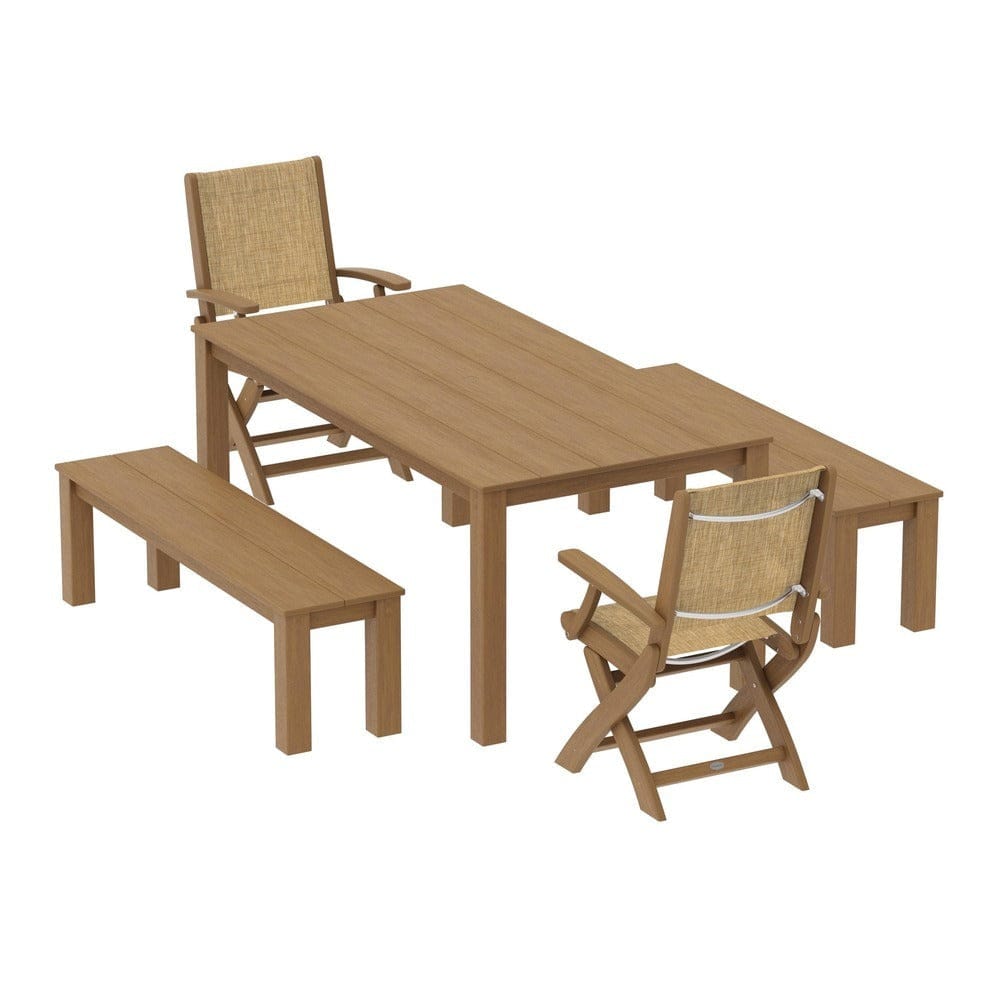 POLYWOOD® Outdoor Furniture Natural / Burlap Sling POLYWOOD® - Coastal Folding Chair 5-Piece Parsons Dining Set with Benches - PWS2273