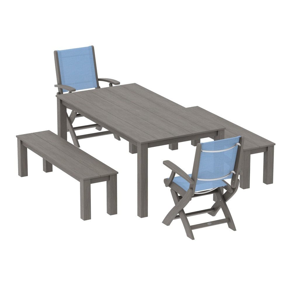 POLYWOOD® Outdoor Furniture Driftwood / Poolside Sling POLYWOOD® - Coastal Folding Chair 5-Piece Parsons Dining Set with Benches - PWS2273