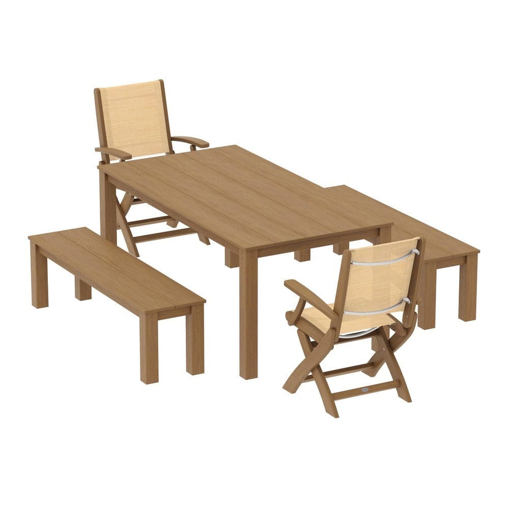POLYWOOD® Outdoor Furniture Natural / Dupioni Apricot Sling POLYWOOD® - Coastal Folding Chair 5-Piece Parsons Dining Set with Benches - PWS2273