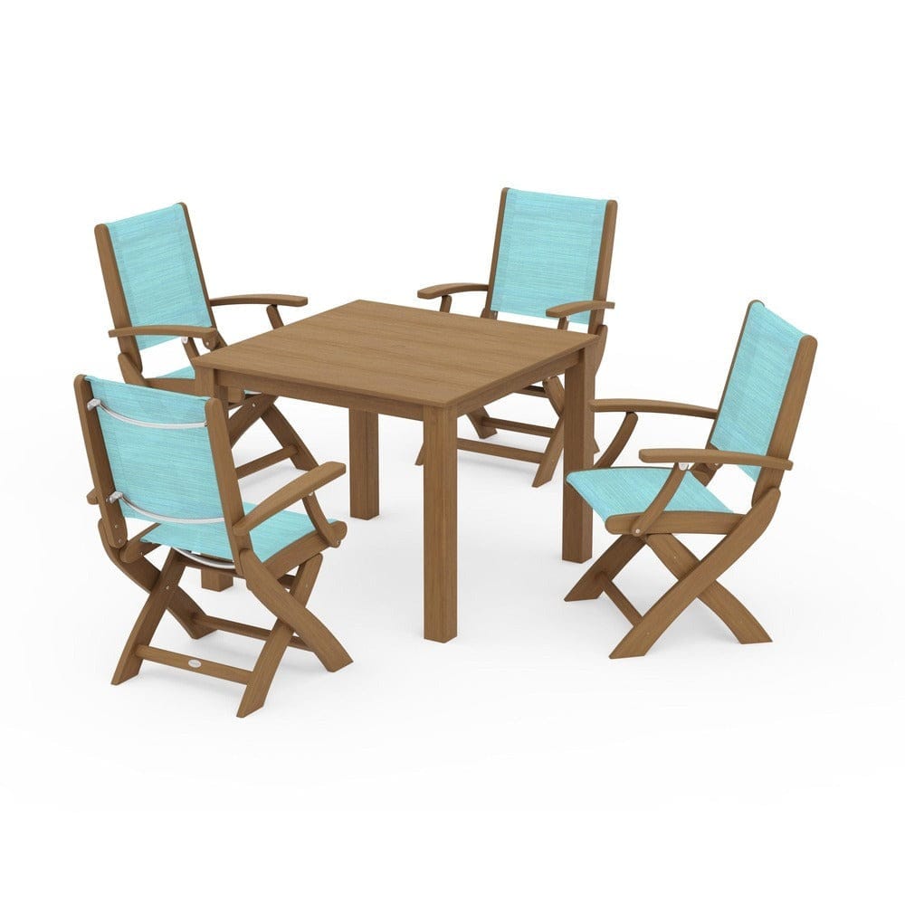 POLYWOOD® Outdoor Furniture Natural / Dupioni Aquamarine Sling POLYWOOD® - Coastal Folding Chair 5-Piece Parsons Dining Set - PWS2274
